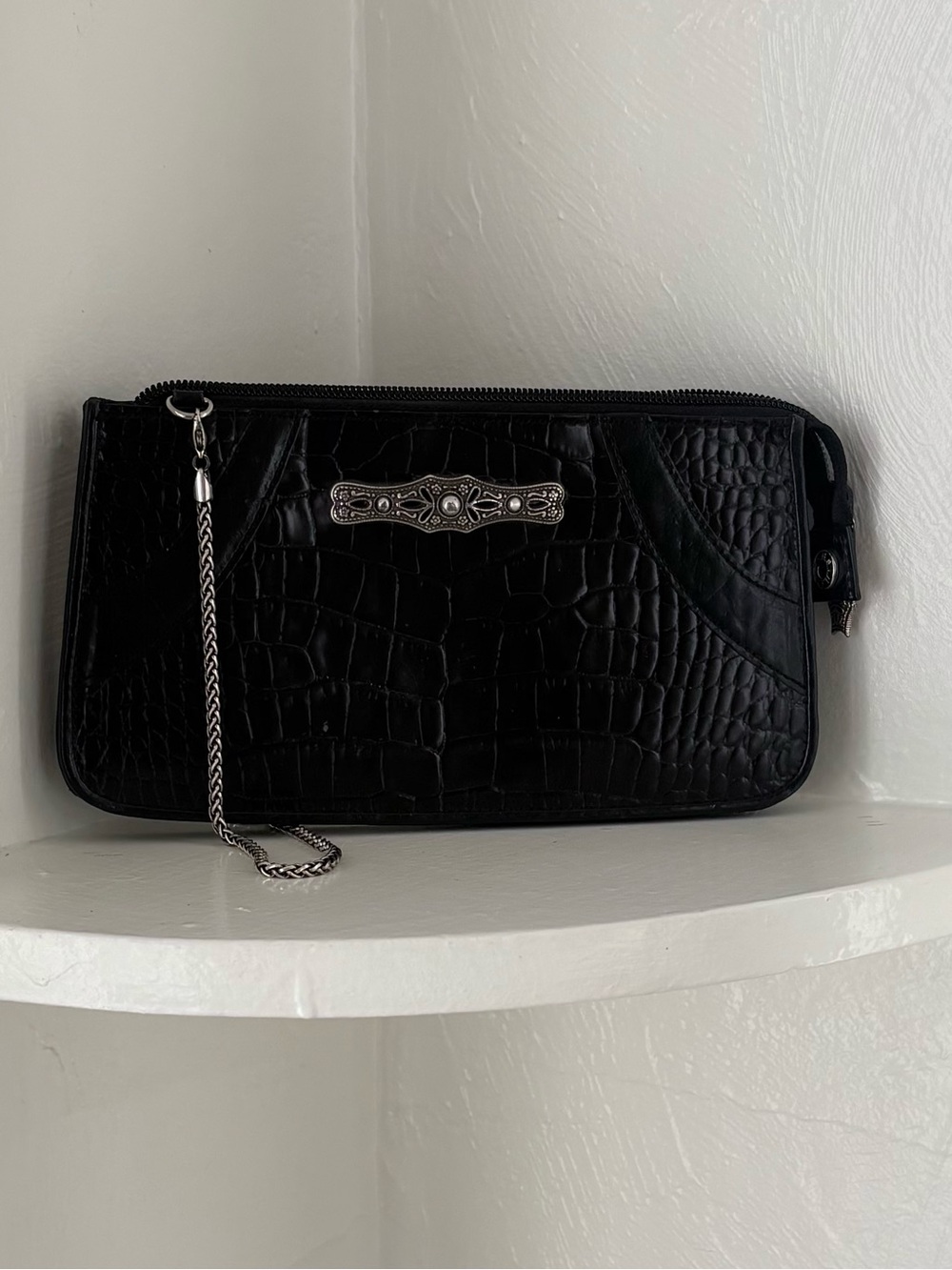 Brighton Black Croc-Embossed Crossbody with Silver Accent